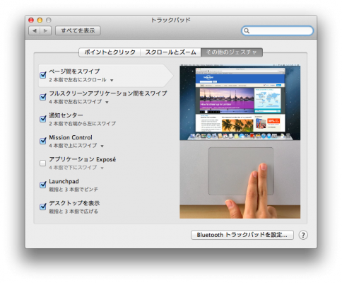 「その他のジェスチャ」のチェックを付け直す